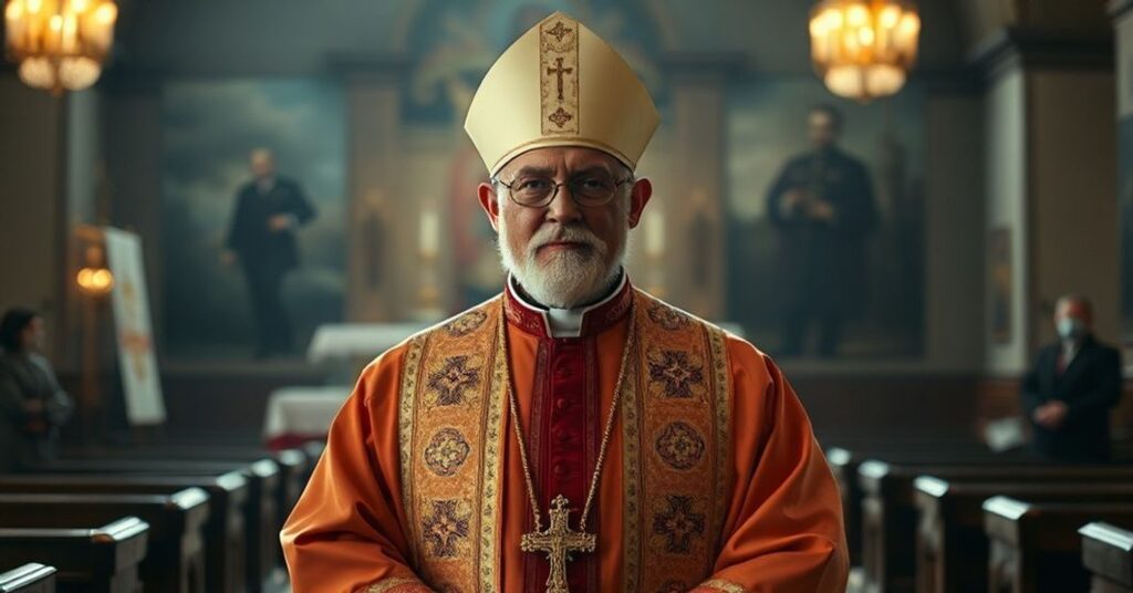 Portret fałszywego biskupa Athanasiusa Schneidera w tradycyjnym kościele katolickim, symbolizujący jego niekonsekwentną retorykę na temat męczeństwa.