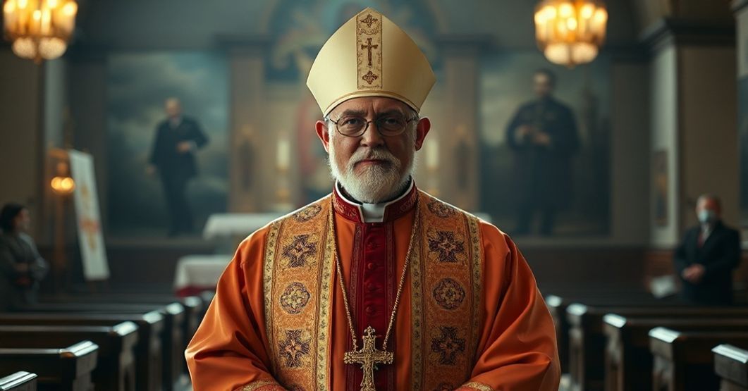 Portret fałszywego biskupa Athanasiusa Schneidera w tradycyjnym kościele katolickim, symbolizujący jego niekonsekwentną retorykę na temat męczeństwa.