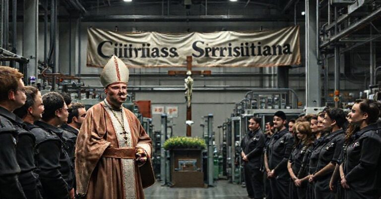 Scena w fabryce INCO S.A. w Koniecpolu z fałszywym biskupem Marianem Florczykiem przemawiającym do pracowników