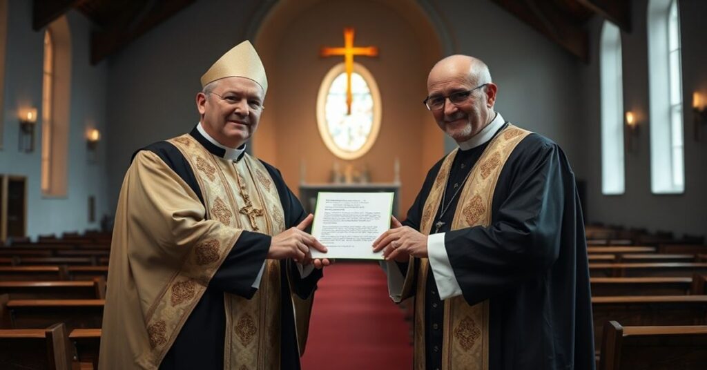 Zdjęcie przedstawiające fałszywego 'biskupa' Krzysztofa Zadarkę otrzymującego list gratulacyjny od uzurpatora 'abpa' Tadeusza Wojdy w nowoczesnym kościele pozbawionym tradycyjnych katolickich symboli.