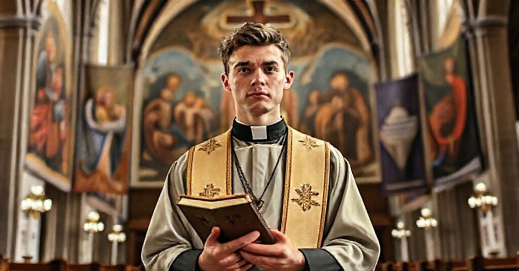 Młody mężczyzna w ornacie kościelnym w tradycyjnym kościele katolickim, symbolizujący konflikt między tradycyjną wiarą a nowoczesnym modernizmem w Kościele.