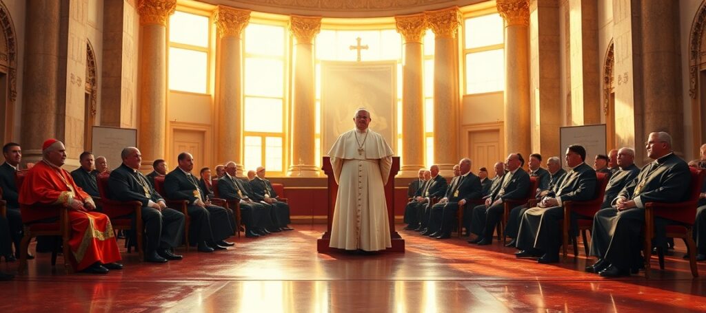 Antypapież Leon XIV i kardynałowie Fernández oraz Burke w fałszywym dialogu z biskupami lefebrystów w Watykanie w lipcu 2026 roku podczas dyskusji o rzekomym wznowieniu kontaktów z Bractwem św. Piusa X