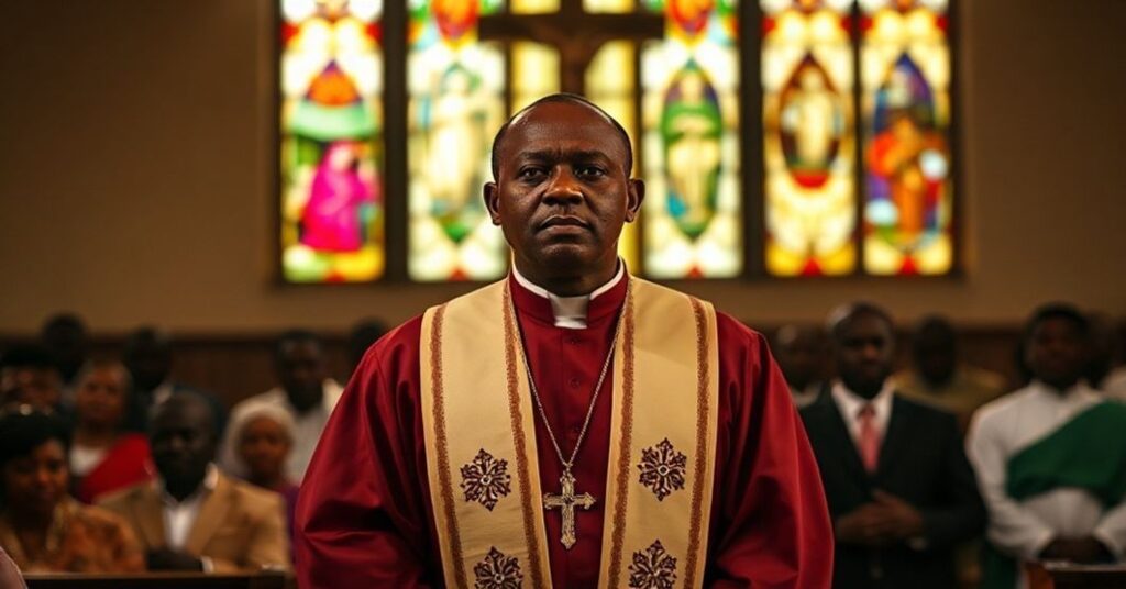 Kaznodzieja w tradycyjnej szacie stojący przed nierzyjskim kościołem, z widocznymi znakami przemocy na zewnątrz przez witraże.