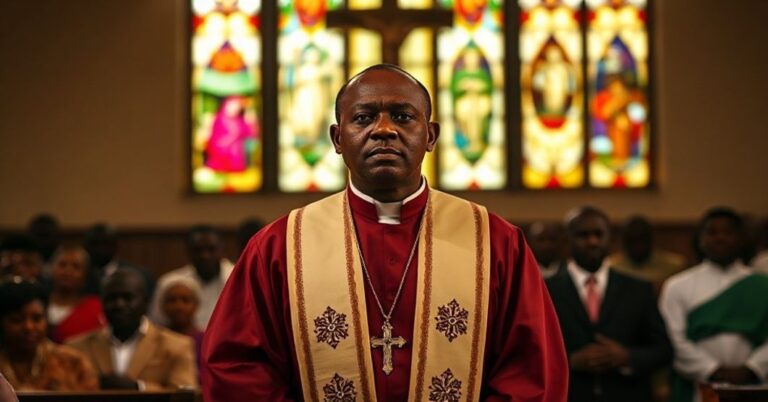 Kaznodzieja w tradycyjnej szacie stojący przed nierzyjskim kościołem, z widocznymi znakami przemocy na zewnątrz przez witraże.