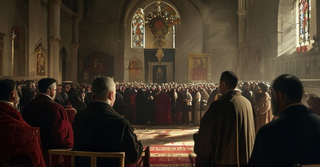 Wizja złudnego ekumenizmu w Płocku z udziałem fałszywego kardynała Rysia i rabinem Schudrichem podczas wspólnej modlitwy w dawnym kościele.