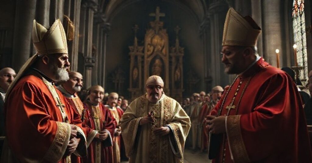 Zdjęcie przedstawiające fałszywy ingres 'kardynała' Grzegorza Rysia do katedry wawelskiej z 2025 roku. Scena pokazuje profanację tradycji katolickiej w okupowanym Krakowie.