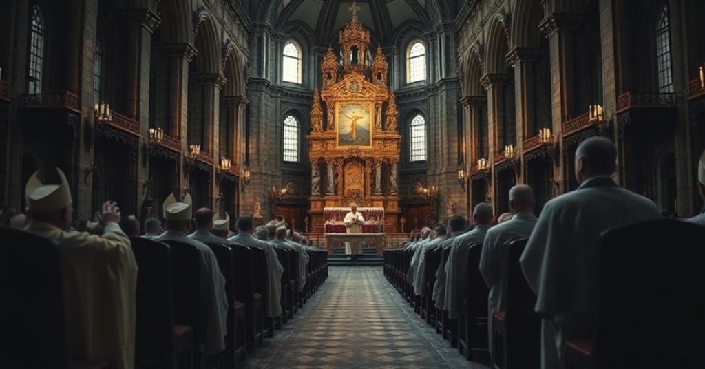 Pusty wnętrze katedry na Wawelu podczas fałszywej inauguracji "kardynała" Grzegorza Rysia w 2025 roku.