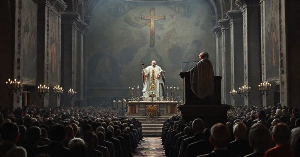 Wizerunek fałszywego papieża "Leona XIV" w trakcie modernistycznego "jubileuszu miłosierdzia", przedstawiający błędną naukę o powszechnym zbawieniu.