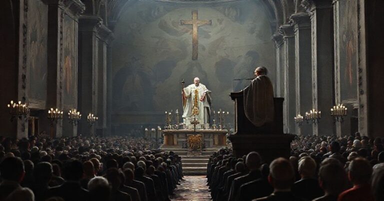 Wizerunek fałszywego papieża "Leona XIV" w trakcie modernistycznego "jubileuszu miłosierdzia", przedstawiający błędną naukę o powszechnym zbawieniu.