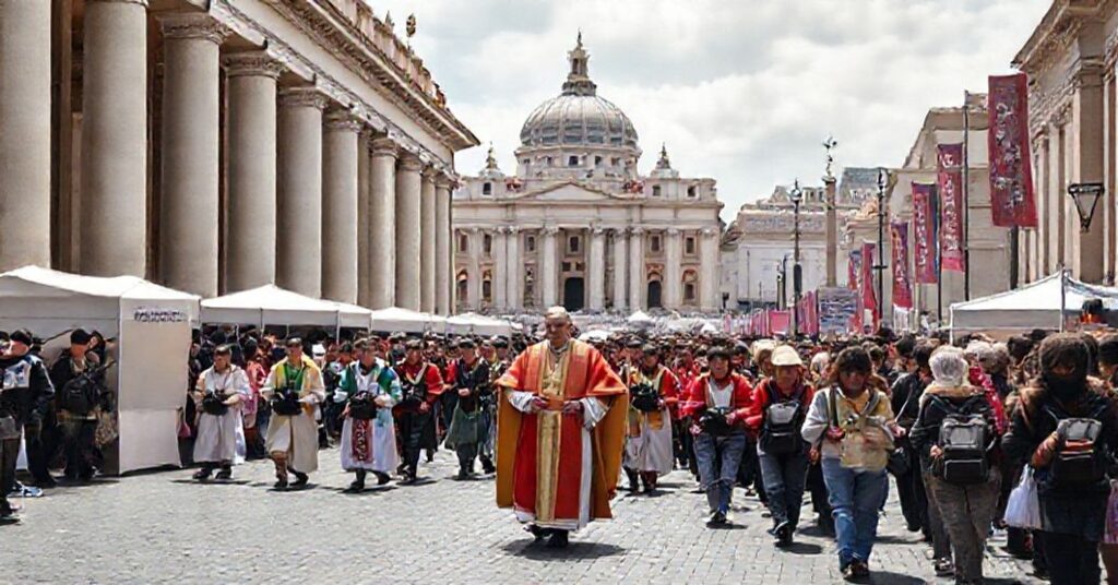 Procesja ubogich i wolontariuszy w Rzymie pod przewodnictwem modernistycznej postaci w papieskich paramentach.