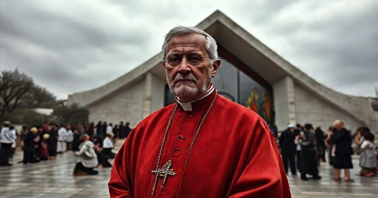Prawdziwy portret fałszywego kardynała François-Xaviera Bustillo przed nowoczesną kaplicą modernistyczną