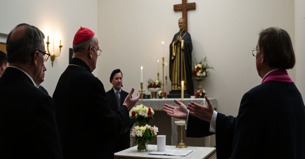 Scena w kaplicy szpitalnej w Krakowie podczas przemówienia fałszywego kardynała Grzegorza Rysia. Ołtarz bez Najświętszego Sakramentu, wokół kwiaty i sztuka sakralna.