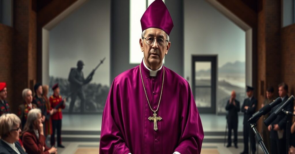 Robert W. McElroy jako fałszywy kardynał na konferencji prasowej przed kaplicą modernistyczną