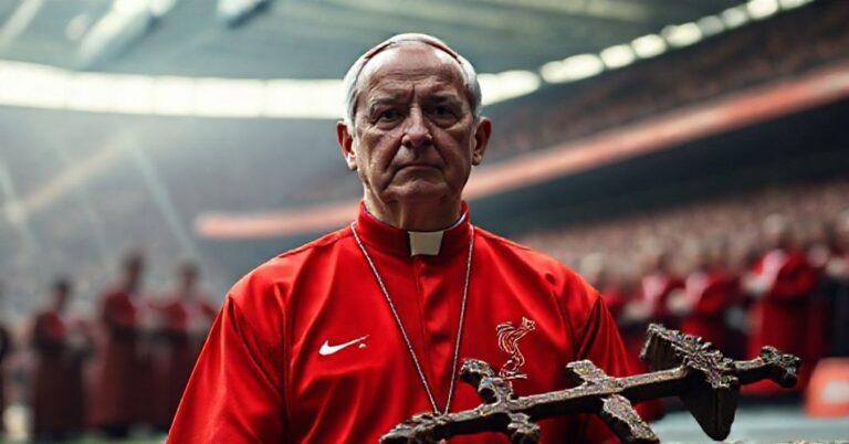 Portret fałszywego "kardynała" Vincenta Nicholsa w koszulce piłkarskiej Liverpoolu na stadionie Wembley