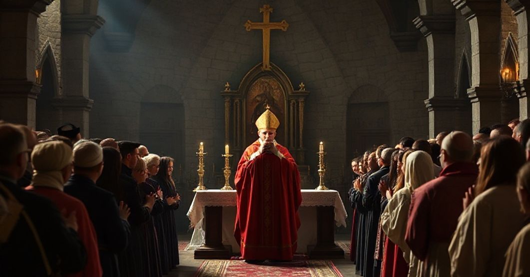 Obraz przedstawiający fałszywego kardynała głoszącego herezje w pseudo sanktuarium Czestochowy