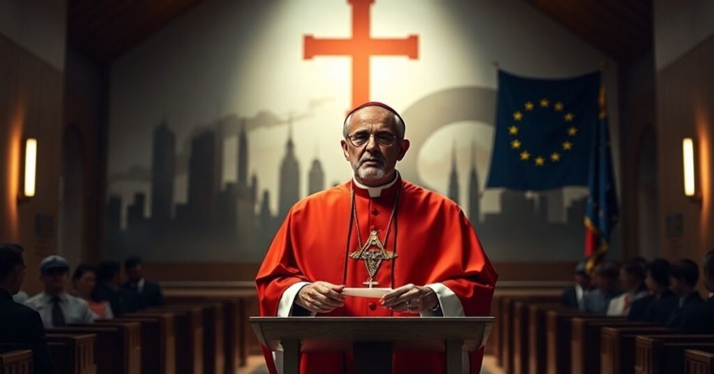 Zdjęcie przedstawiające fałszywego "kardynała" Matteo Zuppiego promującego humanistyczną wizję pokoju bez Chrystusa Krała w modernistycznym kościele.