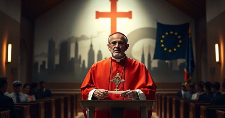 Zdjęcie przedstawiające fałszywego "kardynała" Matteo Zuppiego promującego humanistyczną wizję pokoju bez Chrystusa Krała w modernistycznym kościele.