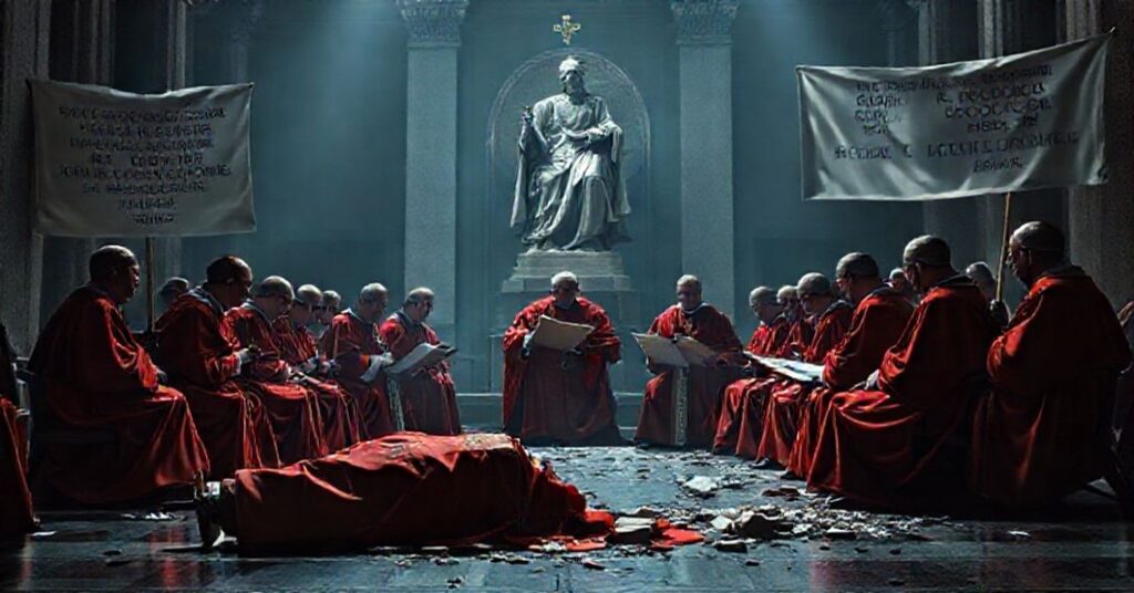 Obraz przedstawiający fałszywy konsystorz Roberta Prevosta (tzw. "Leona XIV") w Watykanie w styczniu 2026 roku