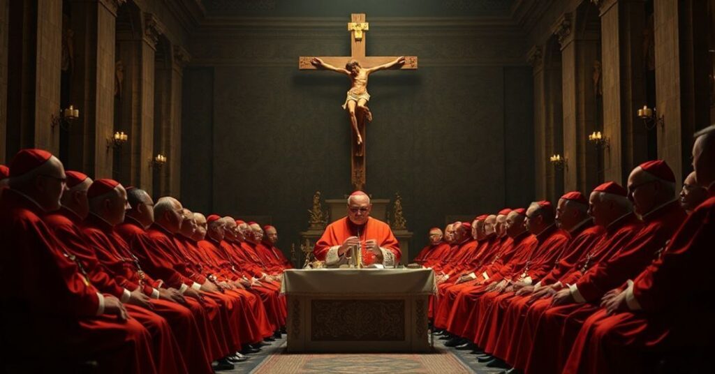 Zdjęcie przedstawiająca fałszywe kardynałów podczas uroczystości w Watykanie z fałszywym papieżem Leonem XIV na czele.