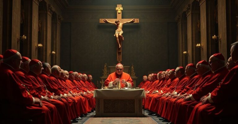 Zdjęcie przedstawiająca fałszywe kardynałów podczas uroczystości w Watykanie z fałszywym papieżem Leonem XIV na czele.