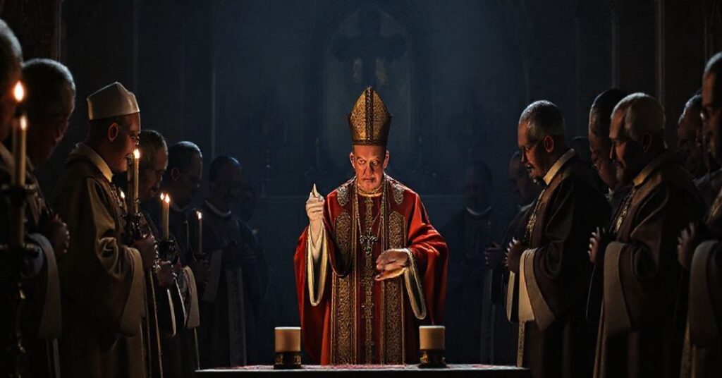 Uroczyście ubrany kleryk w kaplicy, otoczony relikwiami, z wyraźnym kontrastem między pozornym kultem a duchową pustką, przedstawiającym krytykę modernistycznych zniekształceń w Kościele.