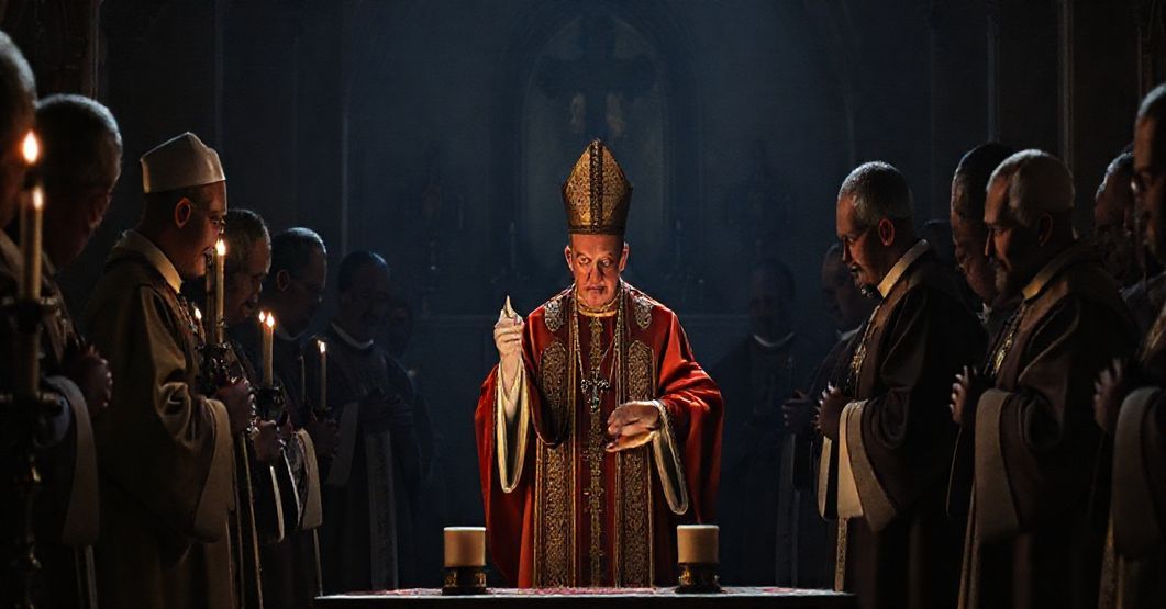 Uroczyście ubrany kleryk w kaplicy, otoczony relikwiami, z wyraźnym kontrastem między pozornym kultem a duchową pustką, przedstawiającym krytykę modernistycznych zniekształceń w Kościele.