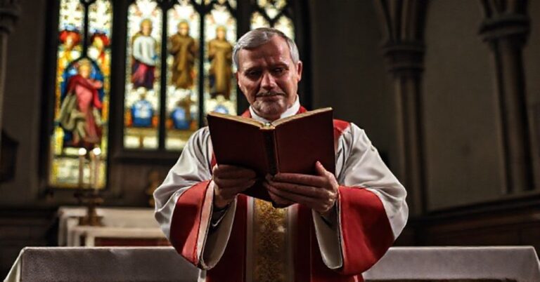 Prawdziwy kapłan w tradycyjnych szatach liturgicznych przed ołtarzem, symbolizujący ostrzeżenie przed fałszywym kultem apostolaty