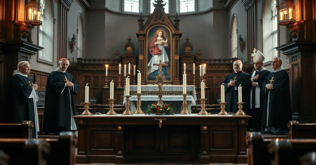 Wnętrze tradycyjnego kościoła katolickiego w Wilnie z pustym ołtarzem i krzyżem. Na tle rozmyte postacie modernistowskich duchownych, w tym kardynała Grzegorza Rysia i arcybiskupa Rino Fisichelli, promują fałszywy kult Faustyny Kowalskiej.