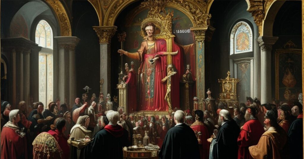 Obraz przedstawia krytyczną perspektywę na fałszywy kult Heleny Kmieć, zwanej „Sługą Bożą”, w tradycyjnym katolickim kontekście.