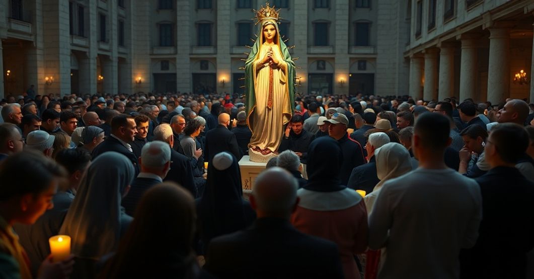 Grupa ludzi modli się w smutnym nastroju przed figurą Matki Bożej Fatimskiej w Rzymie