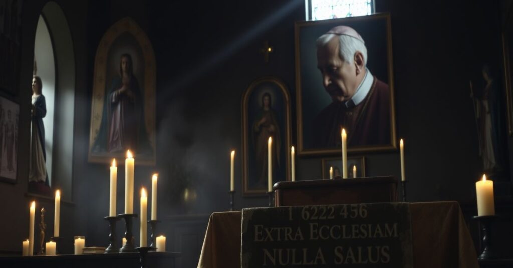 Tradycyjna kaplica katolicka z wotywkami i rzeźbami Matki Bożej, w tle – postac Karol Wojtyły symbolizująca fałszywą pobożność i apostazję