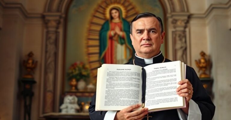 Ksiądz w tradycyjnym habitacie stoi przed kontrowersyjnym obrazem 'Morenity z Guadalupe', wyrażając poważne teologiczne wątpliwości.