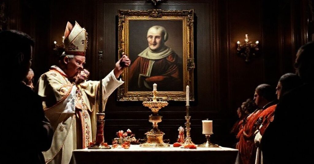 Ciemna i poważna scena w prywatnej kaplicy na Zamku Apostolskim 11 listopada 1980 roku. Karol Wojtyła w papieskich szatach przewodniczy niekanonicznej ceremonii łączącej elementy narodowe i religijne. Ołtarz ozdobiony symbolami narodowymi obok przedmiotów sakralnych. Wojtyła podnosi monstrancję z konsekrowaną Hostią na tle portretu Maksymiliana Kolbego.