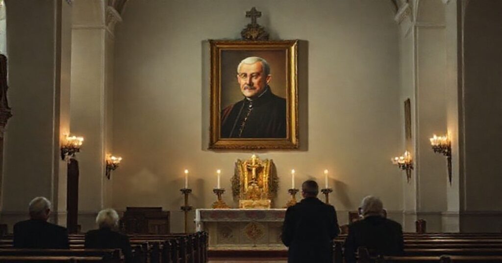 Wnętrze tradycyjnego kościoła katolickiego z politycznym portretem księdza Jerzego Popiełuszki na ołtarzu zamiast sakralnych obrazów. Starsi wierni modlą się w ciszy.