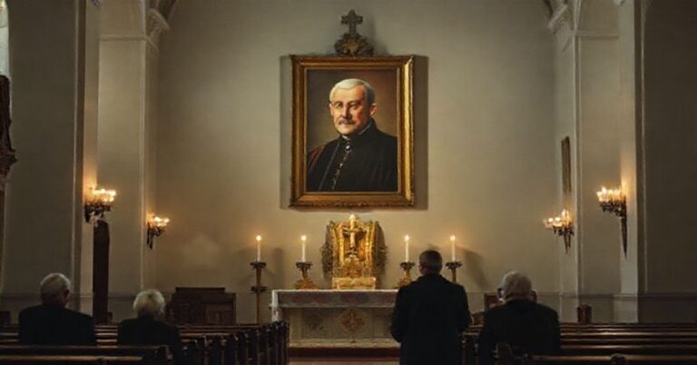 Wnętrze tradycyjnego kościoła katolickiego z politycznym portretem księdza Jerzego Popiełuszki na ołtarzu zamiast sakralnych obrazów. Starsi wierni modlą się w ciszy.
