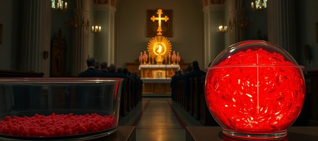 Opuściona świątynia w Legnicy z fałszywym kultem relikwii eucharystycznych; biskup Kiernikowski i ksiądz Ziombra w błędnym kulcie