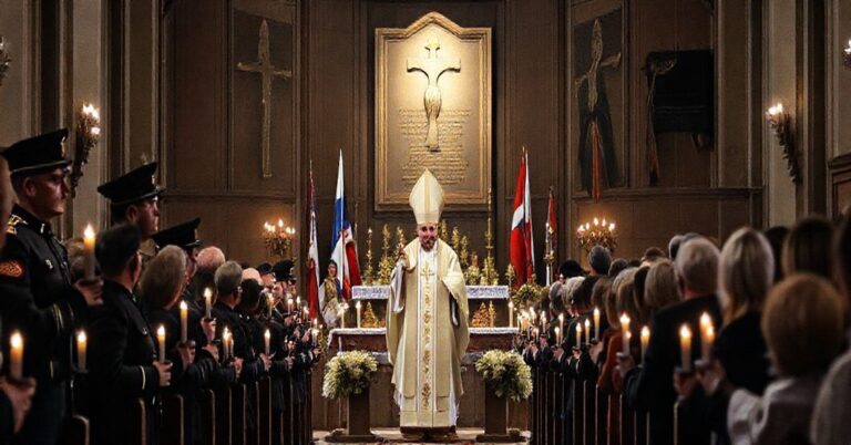 Uroczystość w kościele z fałszywym biskupem Lechowiczem, gdzie sekularyzowane symbole "Solidarności" oskwercają sakralną przestrzeń, zastępując prawdziwą religię humanistycznym kultem.