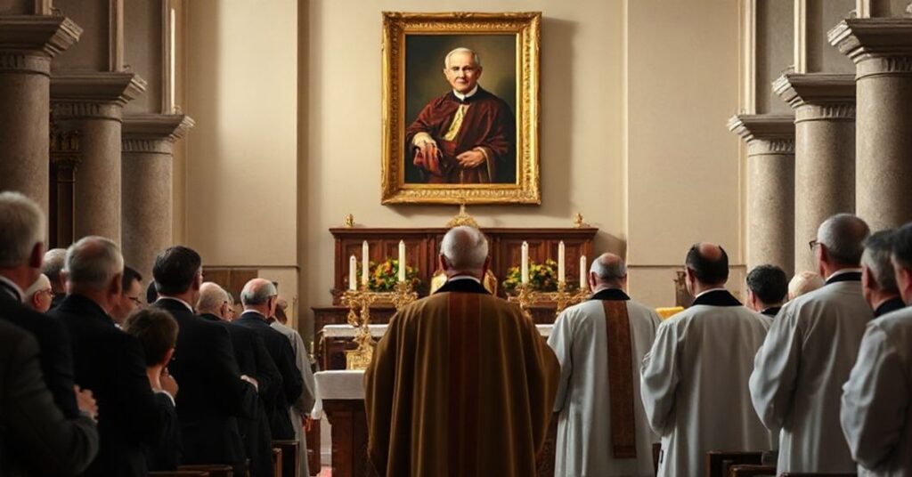 Uroczystość ku czci św. Stanisława Kostki w kościele św. Andrzeja na Kwirynale w Rzymie w 2025 roku. Scena ukazuje modernistycznych duchownych podczas fałszywej liturgii przy relikwiach świętego.