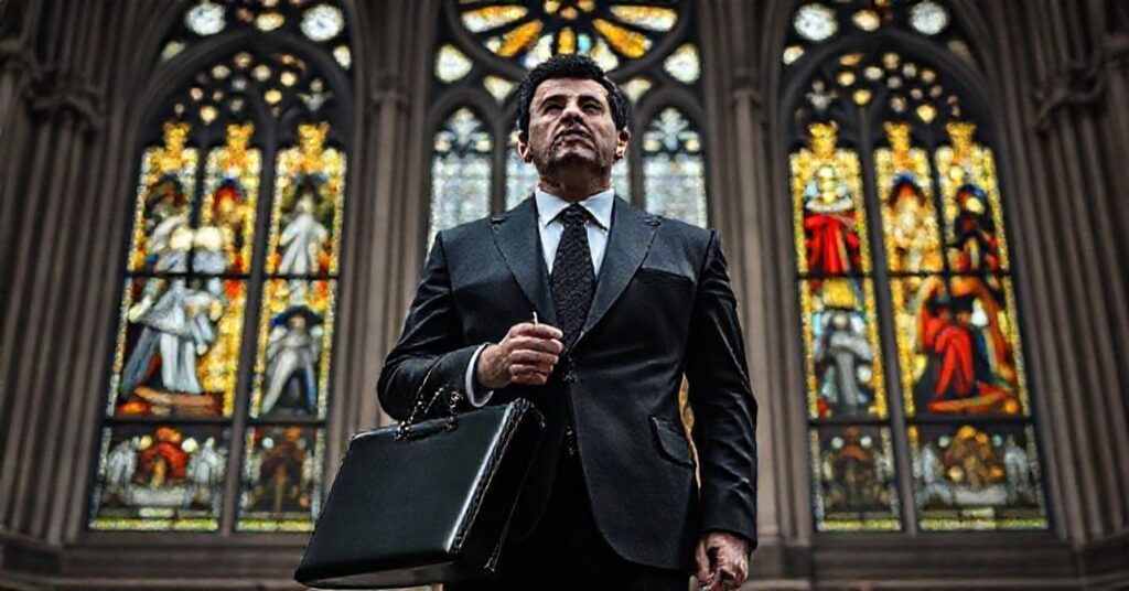 Obraz przedstawiający biznesmena w garniturze przed katedrą, symbolizujący konflikt między materializmem a wiarą