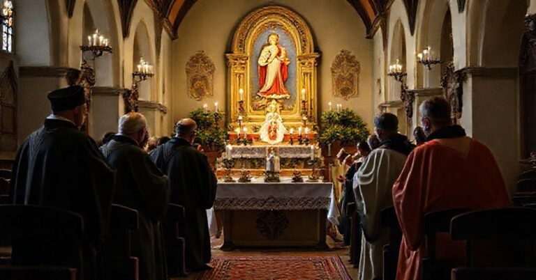 Tradycyjna scena katolicka przedstawiająca fałszywy 'Kurs Jana' w Górczy Klasztornej z grupą laików biorących udział w pseudolityrgicznych praktykach pod pretekstem 'Nowej Ewangelizacji'.