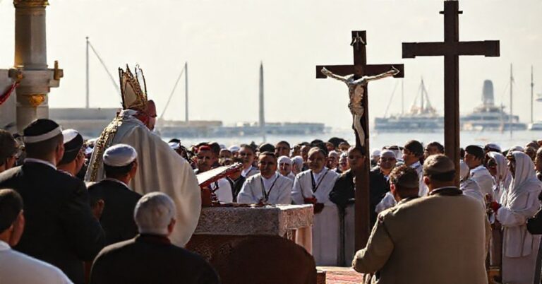 Tradycyjna katolicka scena z homilią fałszywego 'Leona XIV' na Bejrut Waterfront