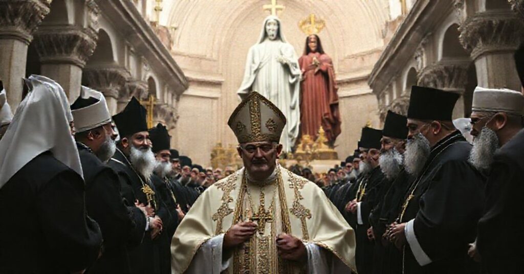 Wizerunek fałszywego "papa Leona XIV" podczas wizyty w sanktuarium "Naszej Pani Libanu" w Harissie, otoczonego przez ekumenicznych patriarchów i 28-metrowy posąg "Naszej Pani Libanu". Scena ukazuje apostazję sekt postkoncylarnej.