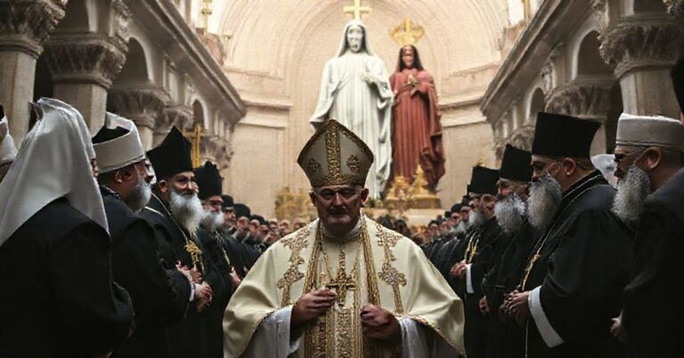 Wizerunek fałszywego "papa Leona XIV" podczas wizyty w sanktuarium "Naszej Pani Libanu" w Harissie, otoczonego przez ekumenicznych patriarchów i 28-metrowy posąg "Naszej Pani Libanu". Scena ukazuje apostazję sekt postkoncylarnej.