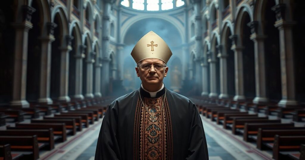 Wizerunek fałszywego 'nuncjusza' Hubertusa van Megena w tradycyjnym stroju kościelnym stojącego w wielkim, pustym kościele z przygasłym oświetleniem.