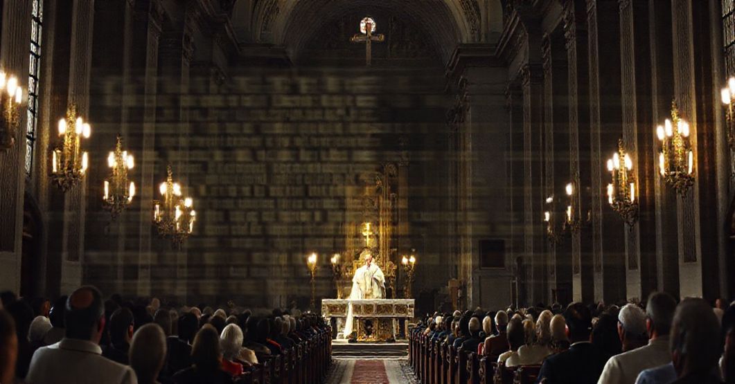 Wnętrze bazyliki św. Piotra podczas mszy z fałszywym papieżem Leo XIV (Robert Prevost) na ambonie. W tle wierni słuchają jego homilii o naturalistycznym charakterze.