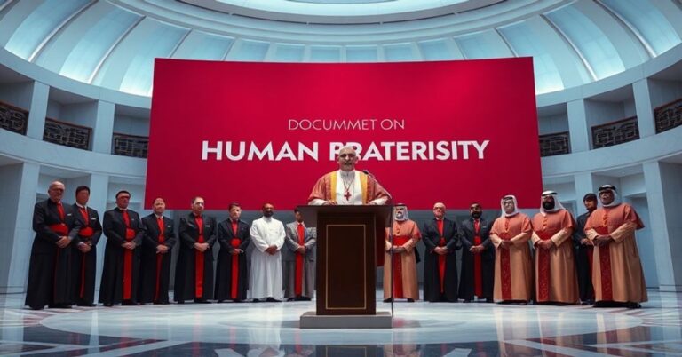 Obraz przedstawiający fałszywego papieża Leona XIV podczas spotkania z komitetem przyznającym Nagrodę Zayed w Abu Zabi. Scena ma symbolizować apostazję nowego katolicyzmu i globalistyczną utopię.