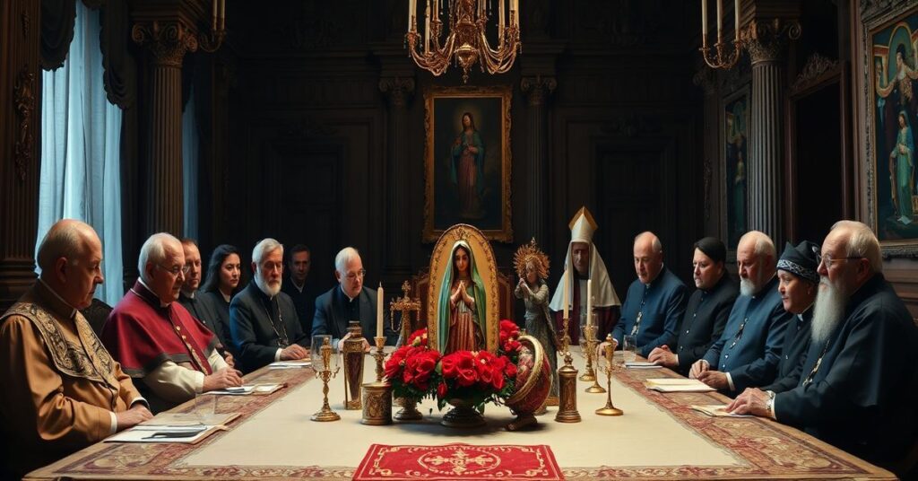 Sobór watykański z synkretycznymi wizerunkami Marji i pogańskimi symbolami pod opieką fałszywego papieża Leona XIV.