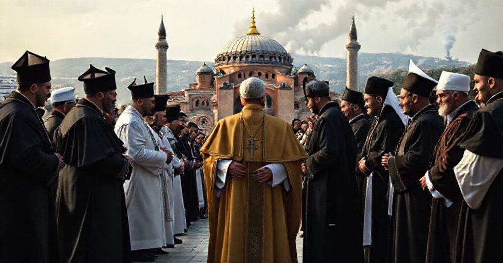 Scena fałszywego papieża Leona XIV podczas pielgrzymki do Turcji przed Hagią Sofią, otoczonego przez prawosławnych schizmatyków w tradycyjnych strojach. W tle widoczne są konflikty na Bliskim Wschodzie.