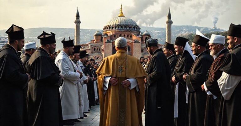 Scena fałszywego papieża Leona XIV podczas pielgrzymki do Turcji przed Hagią Sofią, otoczonego przez prawosławnych schizmatyków w tradycyjnych strojach. W tle widoczne są konflikty na Bliskim Wschodzie.