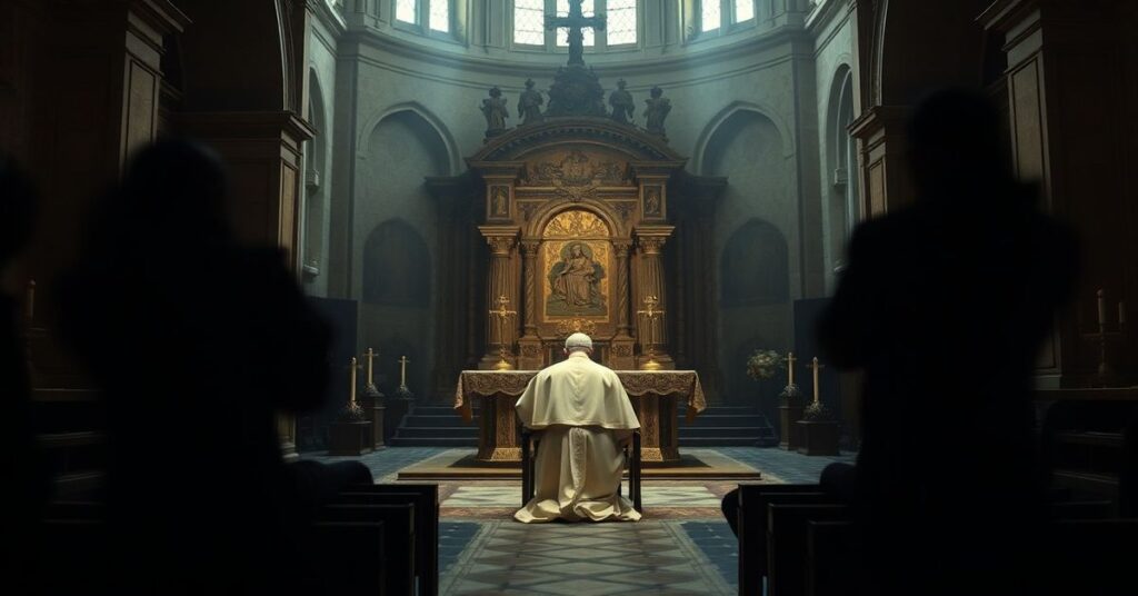 Obraz przedstawiający fałszywego papieża Leona XIV klęczącego przed tabernakulum w bazylice Matki Bożej Afrykańskiej w Algierze, otoczonego pustką modernistycznej liturgii.